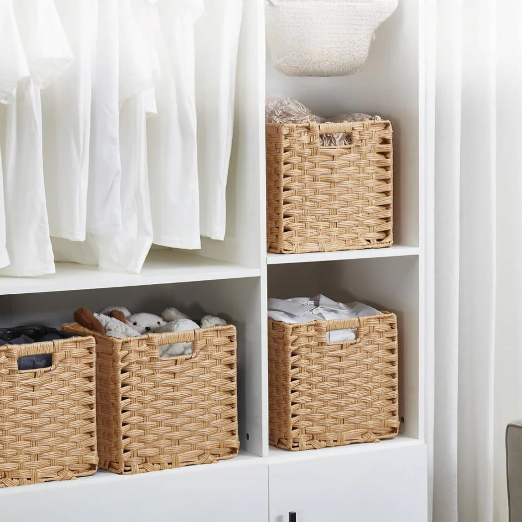 Wicker Storage Baskets Set, Hand-Woven Rattan Cube Organizers for Closet and Shelves - 28x28x28cm, 2/4/6 Pack - Image 3