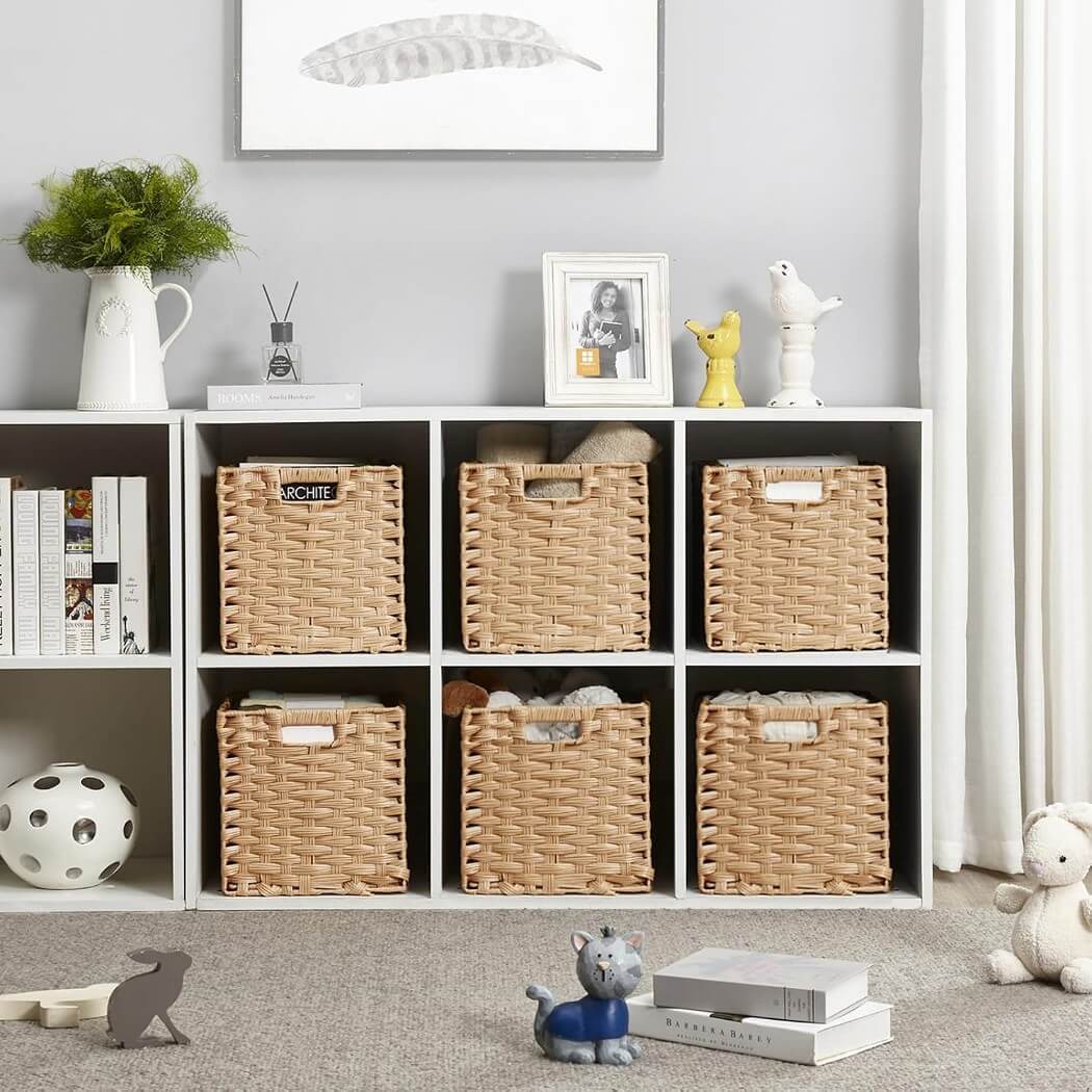 Wicker Storage Baskets Set, Hand-Woven Rattan Cube Organizers for Closet and Shelves - 28x28x28cm, 2/4/6 Pack - Image 4